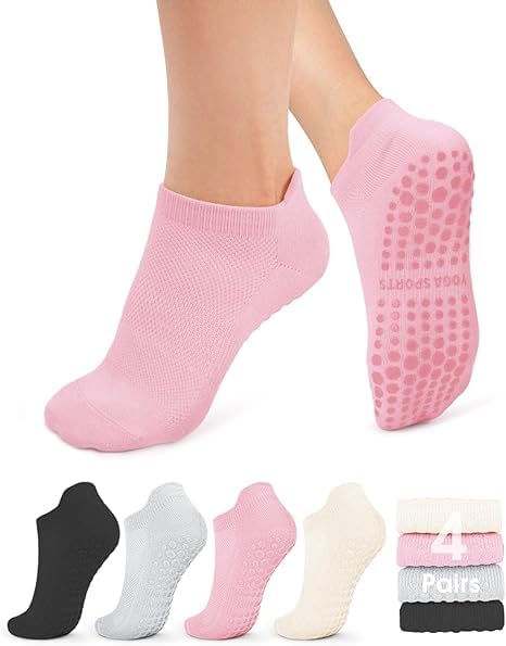 AMOSTBY Pilates Socks with Grips for Women 4 Pairs Non Slip Reformer Socks Yoga Ankle Socks for Barre Ballet Workout Hospital 34 Plus Short