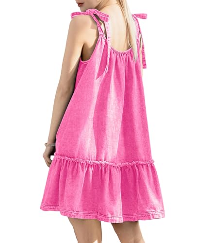 Image of Denim Dress for Women Tie Shoulder Sleeveless Denim Mini Dress Casual Flowy Babydoll Dress Wash Jean Dress