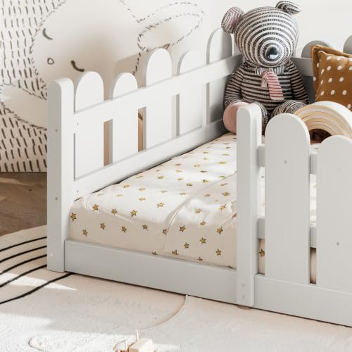 Image of Bellemave Twin Size Kids Montessori Floor Bed,Floor Bed Frame with Rounded Safety Guardrail,Solid Wood Montessori Bed for Girls Boys,White