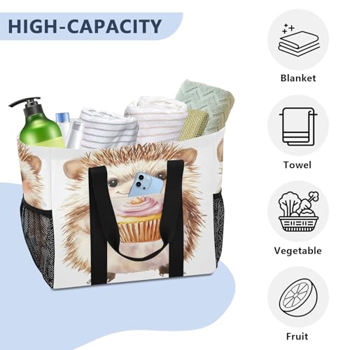 Nander Cute Hedgehog Holding Cake Reusable Grocery Bags,Large Grocery Tote Bag Water Resistant Shopping Bags Foldable Grocery Bag for Clothes,Shoes and Picnic4