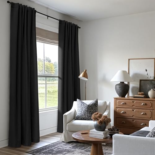 INOVADAY 100% Blackout Curtains 102 Inches Length 2 Panels Set, Back Tab/Rod Pocket Linen Black Out Curtains for Bedroom, Thermal Insulated Window Drapes - Black, W50 X L102