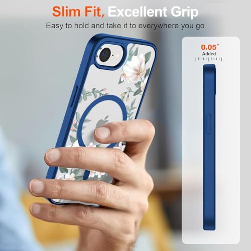 Image of VONZEE Compatible with iPhone 17e / iPhone 16e /SE4, Luxury Retro Flowers Floral Clear for Magnetic Wireless Charging Case Shockproof PC+TPU Cute Glossy Shiny Cover for Girls Women, Navy Blue