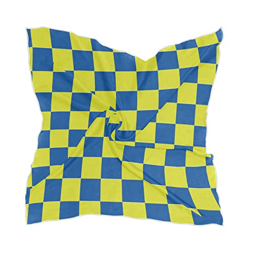 OTVEE Yellow Blue Checkered Plaid Head Scarf for Women, 23.6 inch Silk Like Square Hair Scarf Kerchief Bandana - Main Image