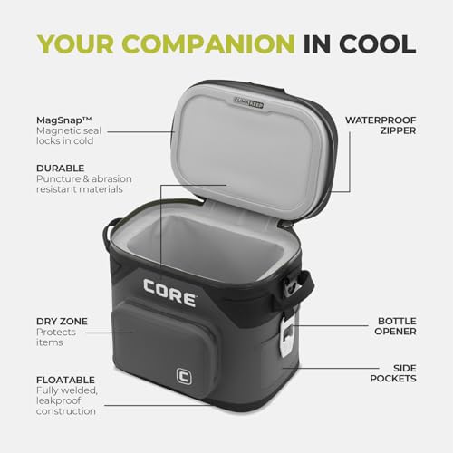 Image of CORE Magnetic Leak Proof Soft Cooler with Waterproof Zipper | Insulated Bag Portable Ice Chest Box | Best Soft Cooler for Food & Beverages for Tailgating, Car Camping, Travel, and Family Beach Picnics