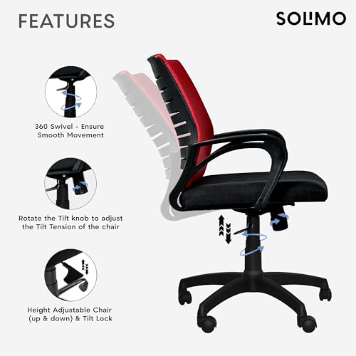 Image of Amazon Brand - Solimo Sitly Mid Back Revolving Office Chair for Work from Home, Study, and Computer Use | Heavy Duty Base | Ergonomic Mesh Design | Durable & Comfortable Seating (Red Mesh)