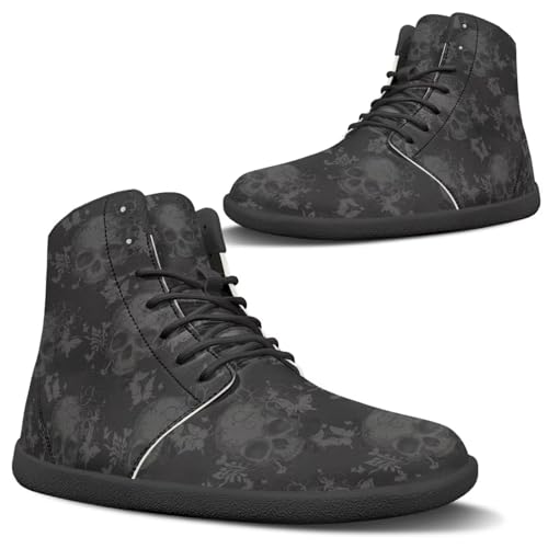 Glomenade All Black Skull Women Pu Leather High Top Sneakers Barefoot Minimalist Shoes Comfort Barefoot Men's Minimalist Trail Runner