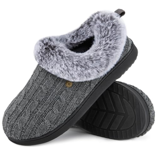 HomeTop Women's Cable Knit Slippers Breathable Warm Comfy Non-slip Indoor Outdoor House Shoes with Fuzzy Collar Grey, 5-6 UK