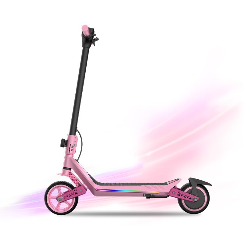 Patinete eléctrico para niños de 6 a 12 años, hasta 16 km/h y alcance de 10 km, patinete eléctrico plegable, doble amortiguador y sistema de frenado electrónico, con indicador LED y luces de colores