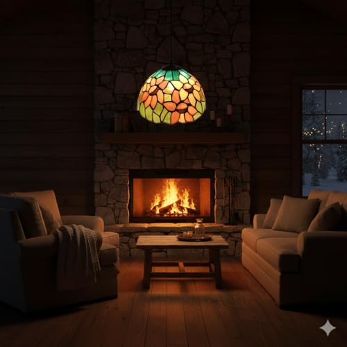 Image of Stained Glass Hanging Pendant Lamp, Yellow Orange Floral, Decorative Ceiling Light for Home & Cafe (Free Bulb) (Design - 10) Free Bulb- 3 Color Options- Warm White, Cool White and Natural