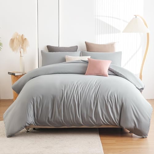 Soifox Bettwäsche 220x240 Grau bettwäsche-Sets aus Mikrofaser bügelfrei & knitterfrei - Bettbezug 220 x 240 Set mit 80x80 cm Kissenbezug 2er Set Bettwasche mit Reißverschluss