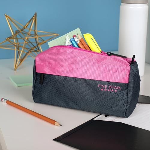 Image of Five Star Pencil Pouch, Pen Case, 9-Pocket Zipper Pouch, Storage Organizer for School Supplies Earbuds Chargers Cables Makeup, Navy /Pink (505600B-ECM) (Pack of 12)