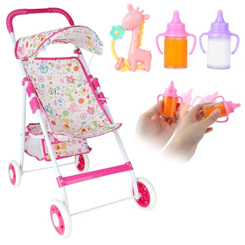 deAO Baby Doll Stroller for Girls, Baby Doll Accessories with Feeding Bottle Simulated Juice Milk and Rattle Toy, Foldable Doll Stroller for Toddler Kids Boys Girls, for 12in 14in 16in Doll