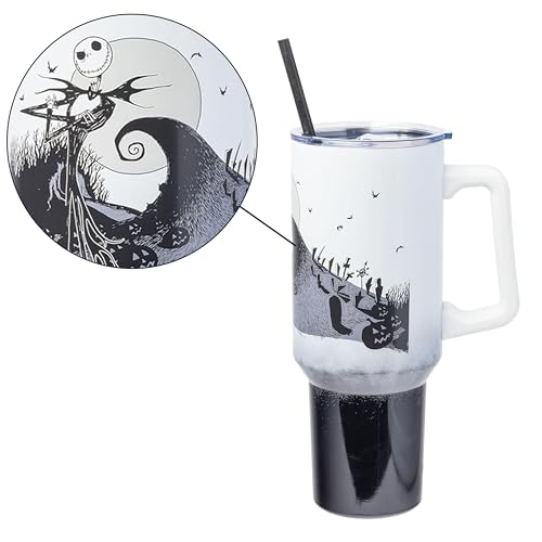 Image of Silver Buffalo Disney Nightmare Before Christmas by Tim Burton Jack Skellington Hill and Moon Stainless Steel Tumbler with Handle and Straw, Fits in Standard Cup Holder, 40 Ounces (Pack of 12)
