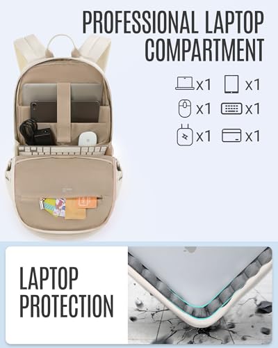 Image of LIGHT FLIGHT Travel Laptop Backpack for Women, 15.6 Inch Backpack with USB Charging Hole, Water Resistant College Bookbag, Large Capacity Black Computer Backpacks for Work, Warm Beige
