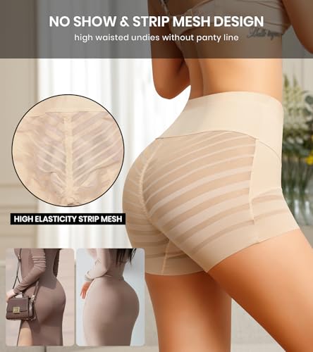ASIMOON Tummy Control Boyshorts Underwear for Women Stretch High Waisted Body Shaper Ladies Sexy Mesh No Show Panties Beige