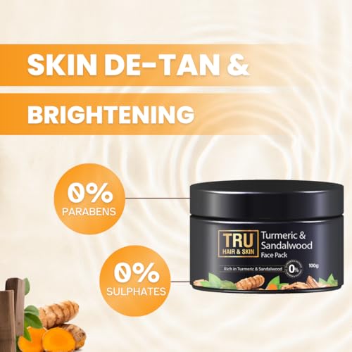 TRU HAIR & SKIN Turmeric & Sandalwood Detan Face Pack| Fights Acne and Brightens Skin | Tan Removal Face Pack, removes excess oil- 95gms