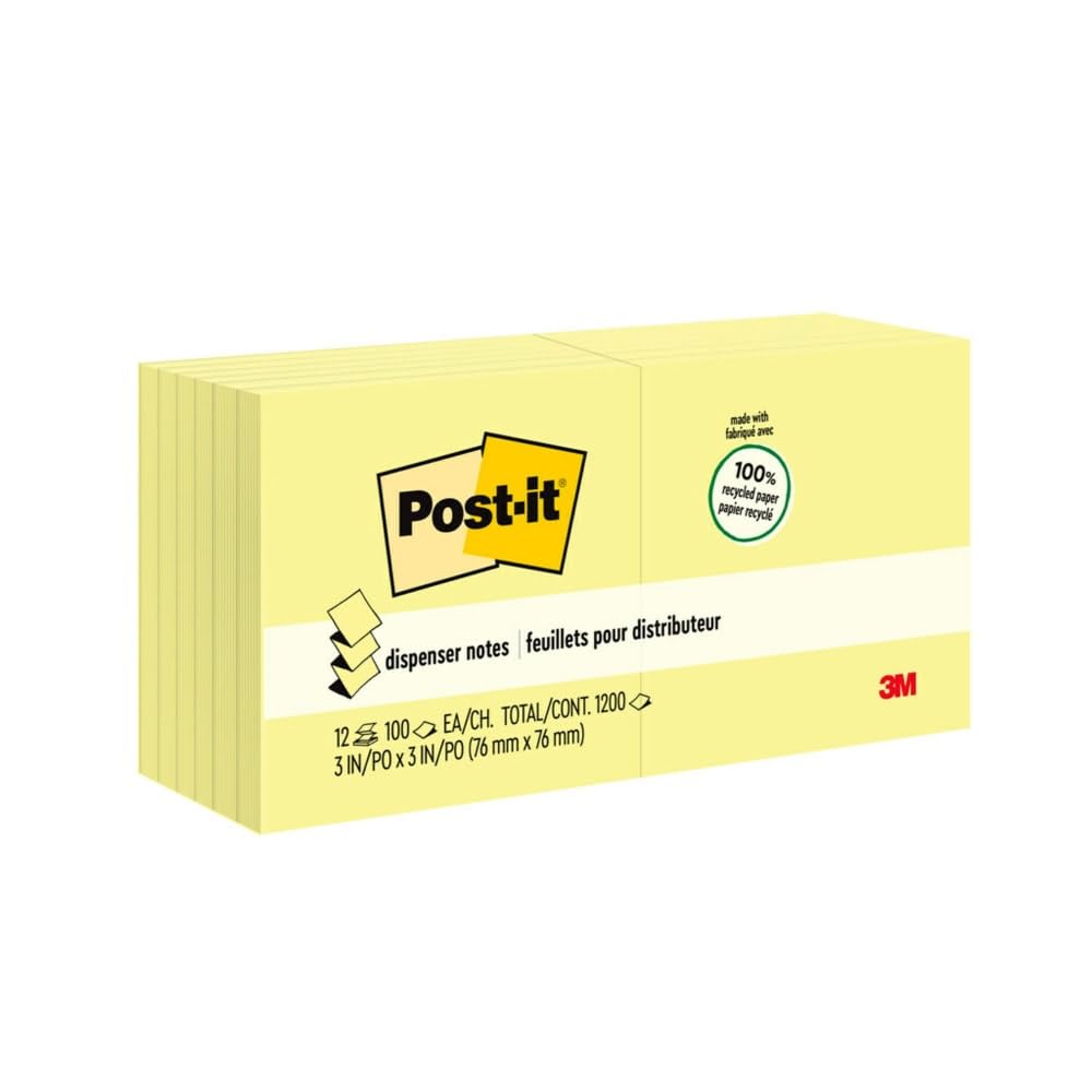 Post-it Greener Notes Recycling Pop-Up Notizen Mine, 3 x 3, Kanarischen YW, 100 Blatt/Pad, 12 Pads/Pack