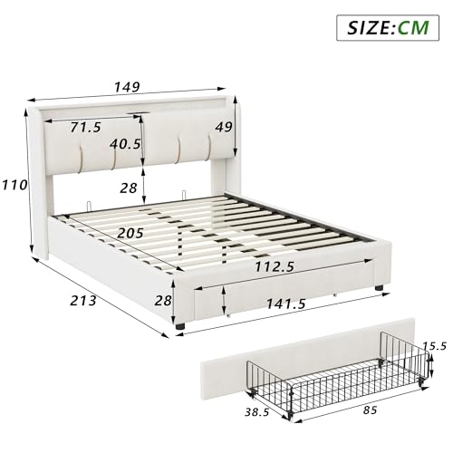 Bett 140x200 mit Stauraum Polsterbett Doppelbett mit 2 USB- und AC-Ladefunktionen Hydraulisch Stauraumbett Funktionsbett mit LED-Beleuchtung und 1 Schubladen(Ohne Matratze (140 x 200 cm) – Bild 3