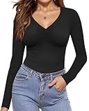 Ekouaer Long Sleeve Shirts for Women Fashion V Neck Basics Tops Lightweight Base Layer Slim Fit Top Black M
