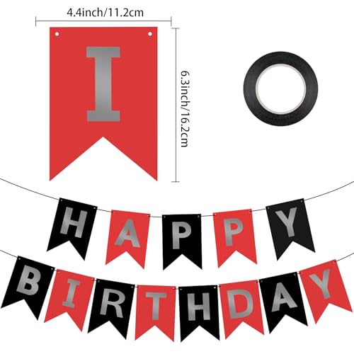 Image of Hooqict Happy Birthday Banner Red Silver Black Happy Birthday Decorations for Kids Men Women Black Party Banner Decorations Supplies Wall Door Garland Sign Bunting Flag