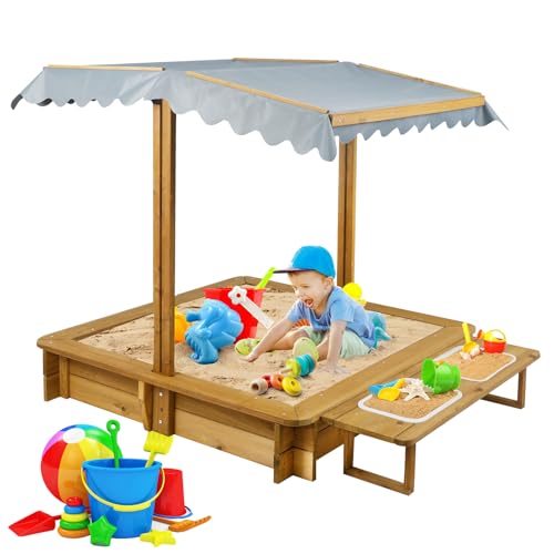 Ketive Kids Wooden Sandbox with Cover, Outdoor Sand Box with Lid 2 Side Buckets, 4 Bench Seats & All-Round Bottom Liner, UV-Resistant Canopy, Height Adjustable Roof Gift for Ages 3-8(45.3x45.3in)