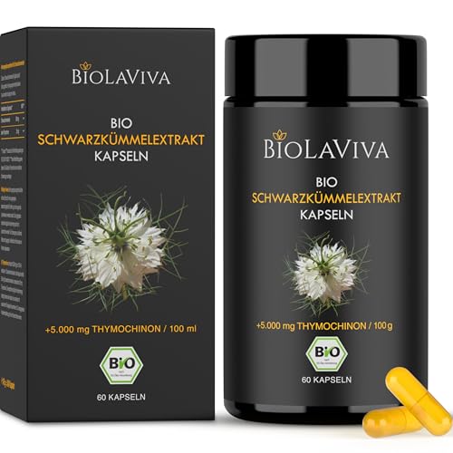 BIO Schwarzkümmelöl Kapseln - 5.000mg Thymochinon/100g - 60 Kapseln vegan im 2-Monats-Vorrat - Lichtschutz MIRON Violettglas - Nigella Sativa Extrakt – laborgeprüft und in Deutschland produziert