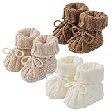 Czinynr Baby Booties Newborn Soft Knit Sock Shoes for Infant Girl Boy First Walking 3 Pack(White/Brown/Beige,0-6 Months)