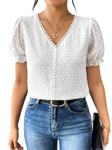 Image of Shasmi Women's Elegant French Textured Fabric Solid Color Lace Panel V-Neck Jacquard Blouse,Short Puff Sleeve Tops Simple Daily Spring /Summer Casual Blouse Shirt (Top 178)