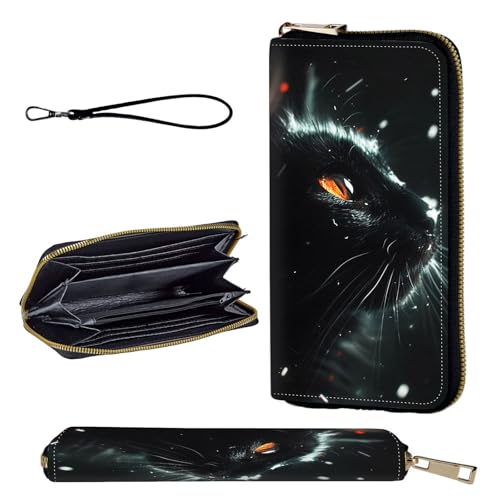 Wallet,Leather Long Wallet Suitable For Ladies And Teenagers - Detachable Wristband + RFID Travel Wallet With Card Slot - Black Cat with Red Eyes