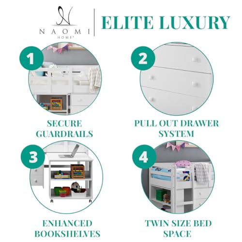 Naomi-Home-Twin-Size-Loft-Bed-with-Storage-Desk-Cabinet-Ladder-Low-Study-Pine-Wood-for-Kids-Safety-Guard-Rails-Bookcase-Shelf-White Naomi Home Twin Size Loft Bed with Storage Desk Cabinet Ladder Low Study Pine Wood for Kids Safety Guard Rails Bookcase Shelf White