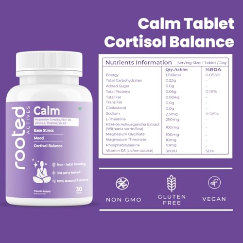 Image of Rooted Actives Calm Stress Relief Tablets | Magnesium Complex, KSM-66 Ashwagandha & L-Theanine | Anxiety Support, Mood Balance, Cortisol Control & Sleep Support | Non-Habit Forming | 30 Tablets