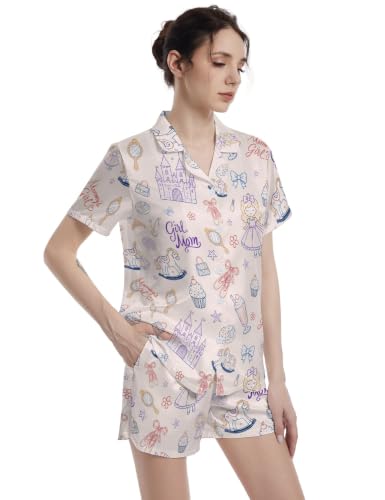 Image of Funny Pajamas for Women Set Print Satin Loungewear Pjs Short Sleeve Button Down Top and Shorts Sets Sleepwear XS-3XL