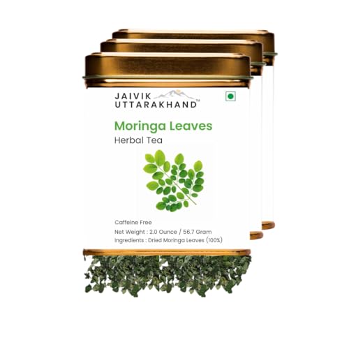 Image of Jaivik Uttarakhand - Moringa Herbal Tea (170.1 g), Dried Drumstick Tree Leaves, antioxidant rich, Sweet, Floral Taste, Pack of 3 Tin Can