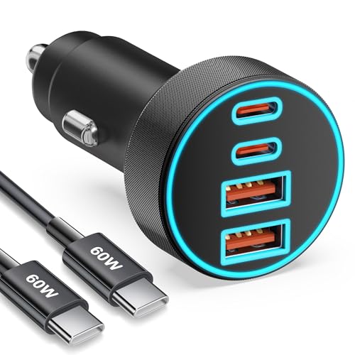 90W Chargeur Allume Cigare USB C, 4-Port Double 45W USB-C/A, PD/QC Prise 12V Rapide Chargeur Adaptateur Voiture + Câble USBC pour iPhone 17e/17/Air/16/15 Pro...