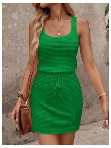 Image of RoseSeek Women's Waffle Knit Belted Tank A Line High Waisted Dresses Square Neck Sleeveless Summer Short Dress