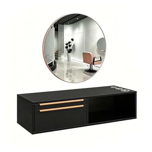 OmySalon Wall Mount Salon Station with Mirror, Hair Stylist Cabinet with Dryer Holders, Drawers &amp; Shelf for Barbershop, Beauty SPA, Bathroom, Black