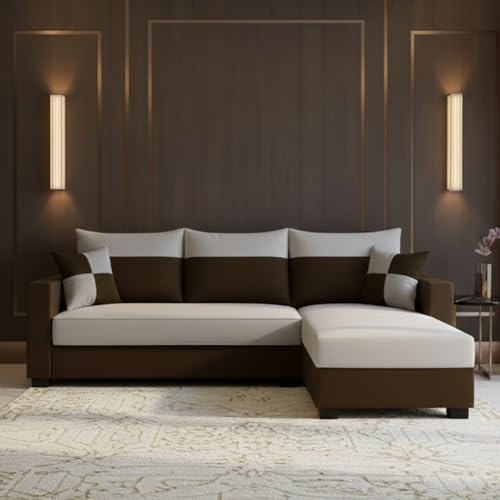 Image of FURNY Arissa 4 Seater Fabric RHS L Shape Sofa Set with Extra Cushions (Light Grey-Dark Brown) Premium Velvet Finish| Durable Comfort Ideal for Living Room