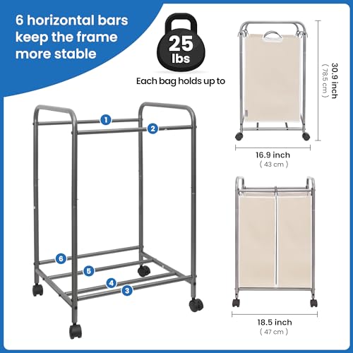 Image of STORAGE MANIAC Laundry Sorter 2 Section, 90 L Gal Laundry Hamper with Wheels, Clothes Basket Separator Sorter, 2 Bag Cart and Removable Bags for Closet, Dorm, Collage, Beige
