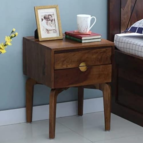 Image of Sheesham Wood Bedside Table for Bedroom|Side Table | Drawer and Storage Cabinet End Table for Living Room | Walnut Finish (Rustic Teak)