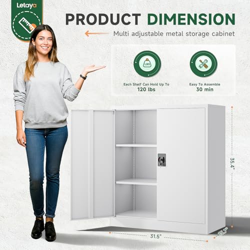 Image of Letaya Metal Storage Cabinets with Lock Door,2 Adjustable Shelves Organizer Steel Storage Cabinets for Home,Office,Warehouse,Garage,Employee Lockers(White)