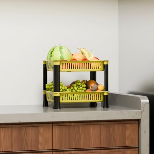Image of Plastic Kitchen Rack, Multipurpose Vegetable & Fruit Storage Basket Organizer for Home, Pantry & Kitchen - Strong & Easy to Assemble (2 Layer, Yellow)