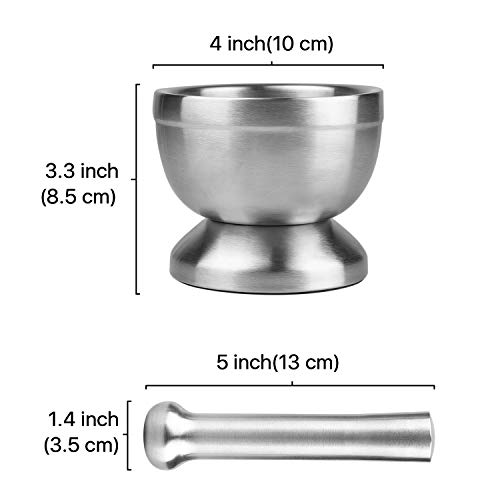 Flexzion Brushed Stainless Steel Mortar And Pestle Set - Solid Brushed Stainless Steel Grinder Pill Crusher Bowl Holder For Guacamole Herbs Spices Garlic/Kitchen Cooking Medicine, 4 Inch #TOP1
