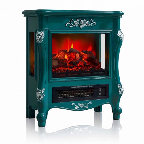 Image of FESTIVITY 18 inch Electric Stove Fireplace, 1500W Thermostat with 5100 BTU Heat Output, Adjustable Flame & Brightness Levels, Portable Electric Fireplace for Bedroom & Living Room-Teal & Silver