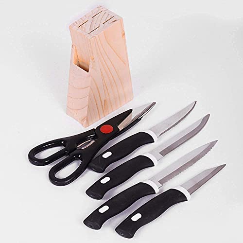 Image of 5-Piece Kitchen Knife Set with Wooden Block - Includes 4 Stainless Steel Kitchen Knives and Multi-Purpose Scissors with Hardwood Storage Stand (4 Knife Set + 1 Scissor + 1 Wooden Case)