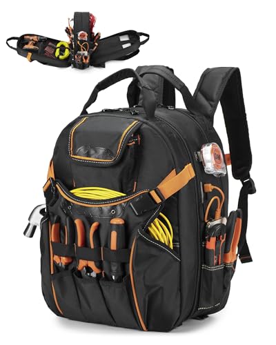 Heavy Duty Tool Backpack,16 Inch Full-Open Tool Bag with USB Charging Port,Water Resistant Tool Storage and Organization for Electricians, Mechanics,HVAC Engineers (Orange)