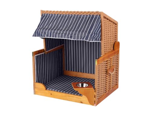 Woodtex Hundestrandkorb Kieferholz |Hundehütte inkl. Schützhülle schwenkbarer Wasser-/Futternapf|Sonnenschutz Hunde und Katzen|Rattan Braun mit Dunkelblau-weißen Nadelstreifen
