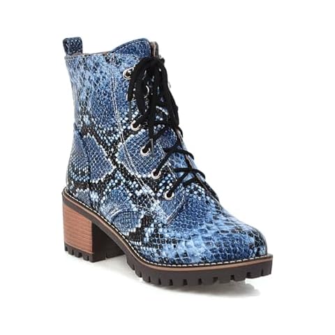 GooMaShoes Women's Stacked Low Chunky Combat Boots, Comfortable Snake Pattern Lace up Boots, Fashion Platform Ankle Boots Booties (Blue, US 8) Cover