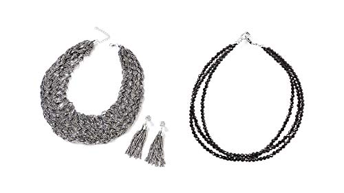 Silver Tube Seed Bead Tassel Earrings Braided Statement Bib Necklace Set Multi Strand Black Spinel Bead Bracelet 925 Sterling Silver Jewelry for Women