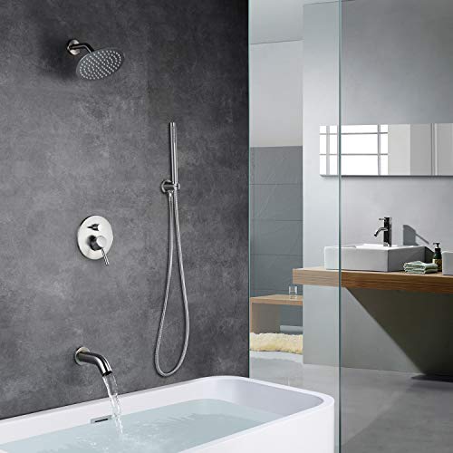 Image of SUMERAIN Brushed Nickel Shower System with Waterfall Tub Spout | 8 inch Stainless Steel Rain Shower, Brass Handheld Shower, Brass Rough in Valve, Concealed Box Design