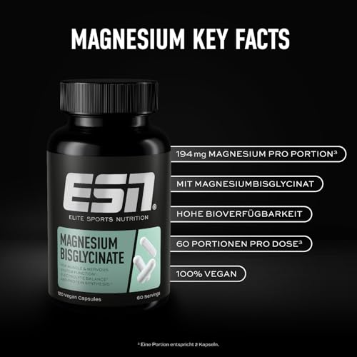 ESN Magnesium Caps, 120 Kapseln, 194 mg Magnesium pro Tagesportion - Magnesiumbisglycinat-Kapseln, Hohe Bioverfügbarkeit - Made in Germany